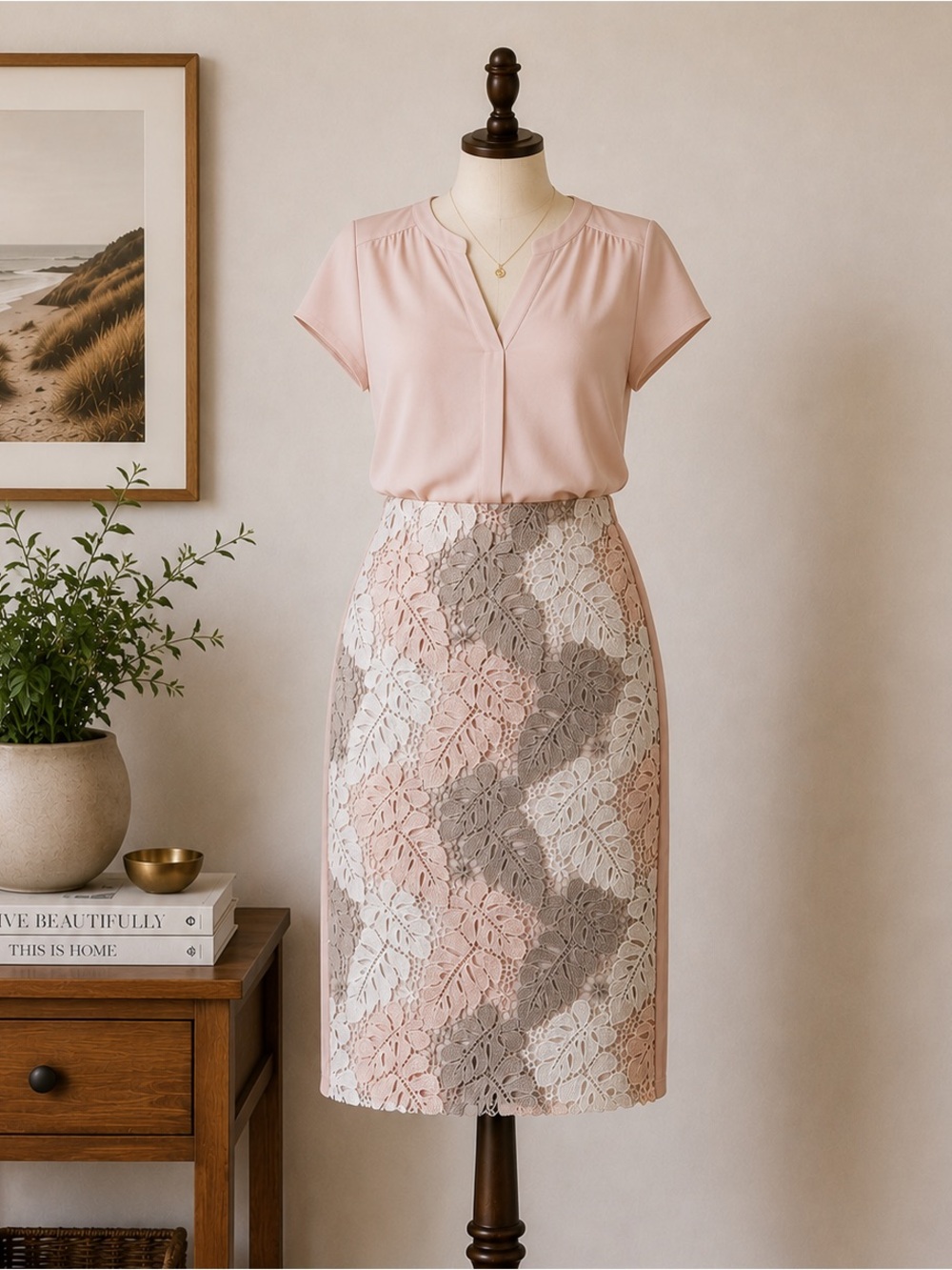 Calvin Klein Blush Floral Lace Pencil Skirt Pink Beige Office Wedding Guest 6